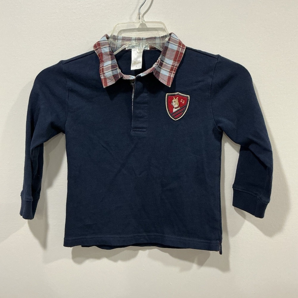 Janie and Jack Boys Size 3 Rugby Polo Long Sleeve Shirt Plaid Collar Puppy Dog